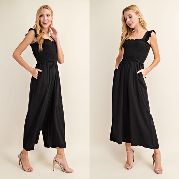 Black Sleeveless Smocked Ruffle Jumpsuit - Picture 2 of 4